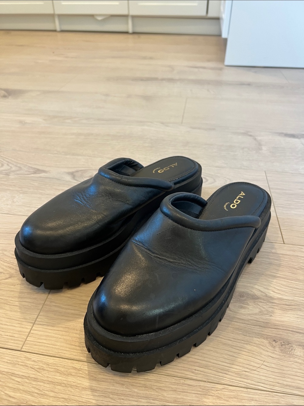 ALDO Black Leather Platform Mule Clogs with Lug Sole